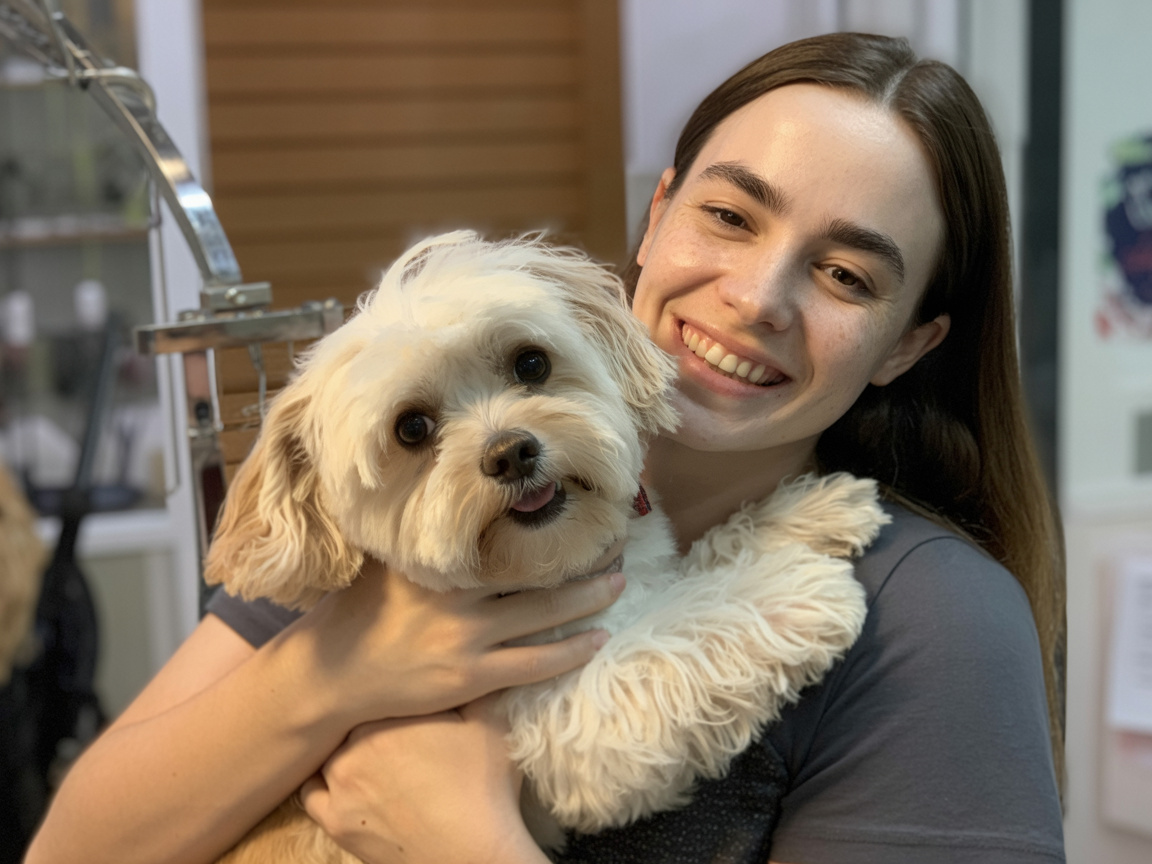 Happy pet owner with freshly groomed dog